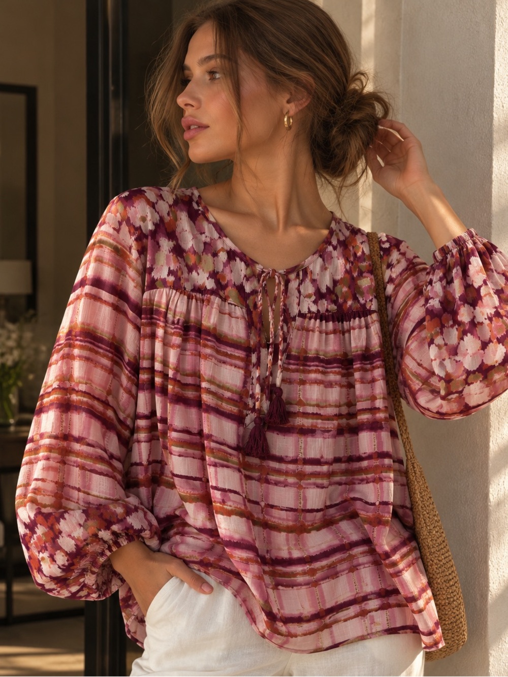 Westbound Size L Mixed Print Boho Blouse Tie Neck Tassels 100% Rayon NWT